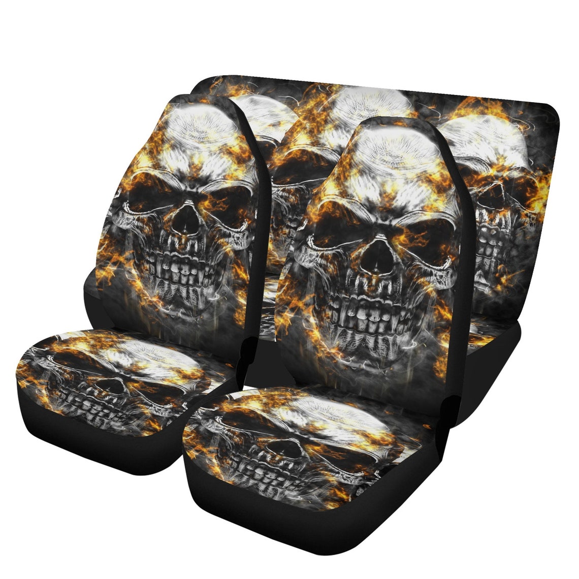 Flaming Skull Car Seat Cover Car Mat Full Set, Grim Reaper Skull Seat