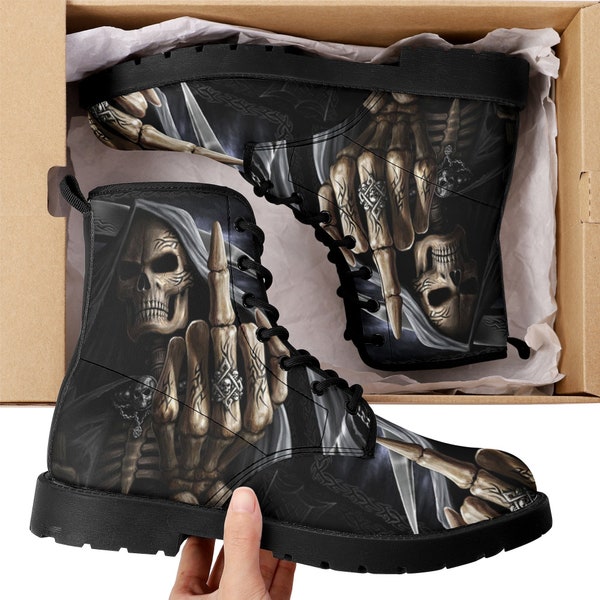 Grim reaper men women boots, Punisher horror gothic skull boots, Halloween skull boots, Skeleton skull grim reaper leather rose skull boots