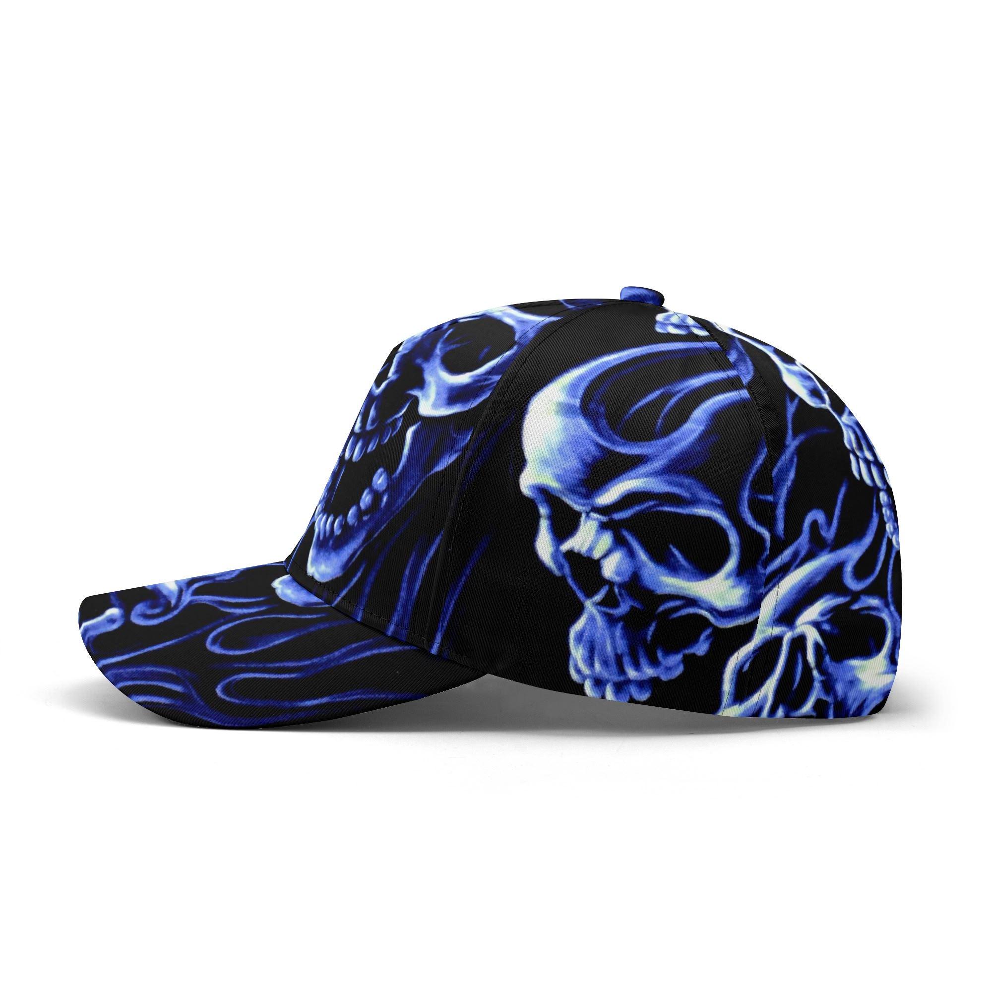 Skull Cap With Blue Flame Design - Gothic Skull Hat, Unique Biker