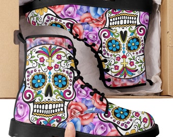 Dia de los muertos leather boots, sugar skull boots for men women, skull women's boots candy skull women's boots Mexican skull leather boots