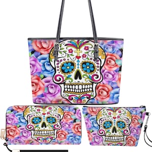 Dia de los Muertos Schädel Kosmetiktasche, Zuckerschädel Mädchen Umhängetasche, Cinco de Mayo Schädel lange Brieftasche Tag der Toten lange Brieftasche Taschenset