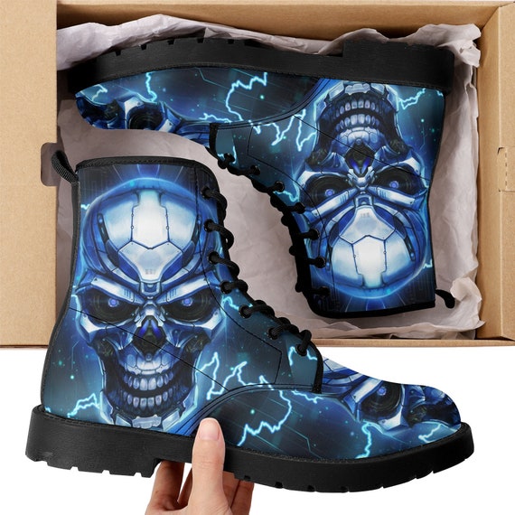 Flame Skull Leather Boots, Halloween Skull Boots for Men  display picture 3