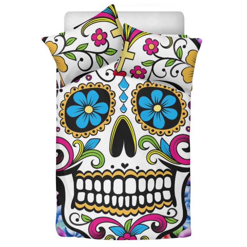 Floral Skull Bed Cover, Mexican Skull Bedding, Sugar Skull Girl Bedding