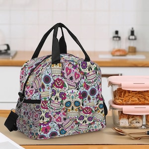 Sugar skull lunch bag, day of the dead lunch bag, sugar skull lunch box, sugar lunch tote, day of the dead lunch tote, candy skull lunch bag