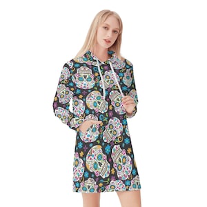 Unique Sugar Skull Hoodie Dress - Day of the Dead Calavera Gothic Pullover, Women&#39;s Skeleton Halloween Sweater Velvets Pullover Hoodie Dress