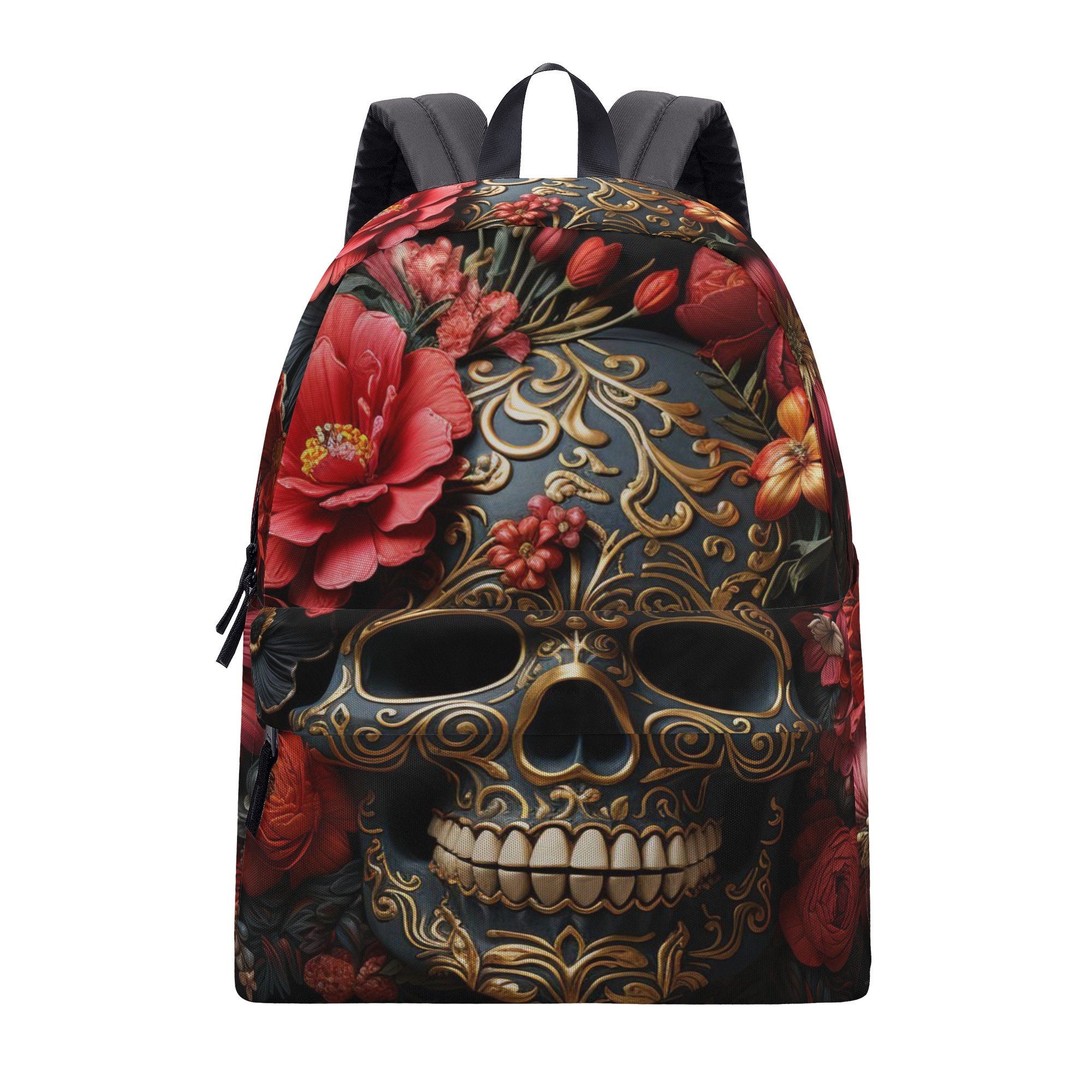 Skull Pu Leather Backpack Red Flower Casual Shoulder Bag Fashion ;) Black and Red With Skulls and Roses, Gothic Style Backpack  main image 4