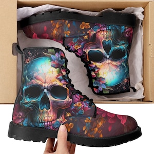 Christmas skull winter boots, grim reaper fashion leather boots, flame skull shoes, evil face combat boots, gothic skull men women shoes, ha