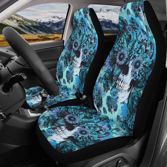 Rose skull car mat, punisher skull car protector, rose skull seat cover  protector, death skull truck seat cover, floral skull car mat floor