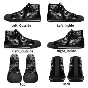 May include: Black high-top canvas sneakers with a skull and smoke design. The shoes are shown from multiple angles, including the left and right sides, top, and back.