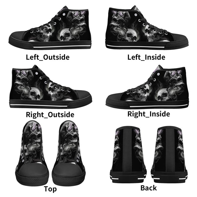 May include: Black high-top canvas sneakers with a skull and smoke design. The shoes are shown from multiple angles, including the left and right sides, top, and back.