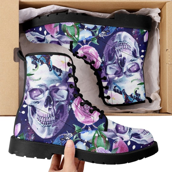 Floral skull skull boots for men women shoes, Flower skeleton boots for  men, Skull Christmas Halloween leather boots for men, Reaper boots