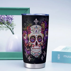 Taza de calavera de caramelo, jarra de cerveza mexicana, taza de viaje con calavera del Día de los Muertos, taza de calavera de azúcar para congelador, taza de calavera de azúcar