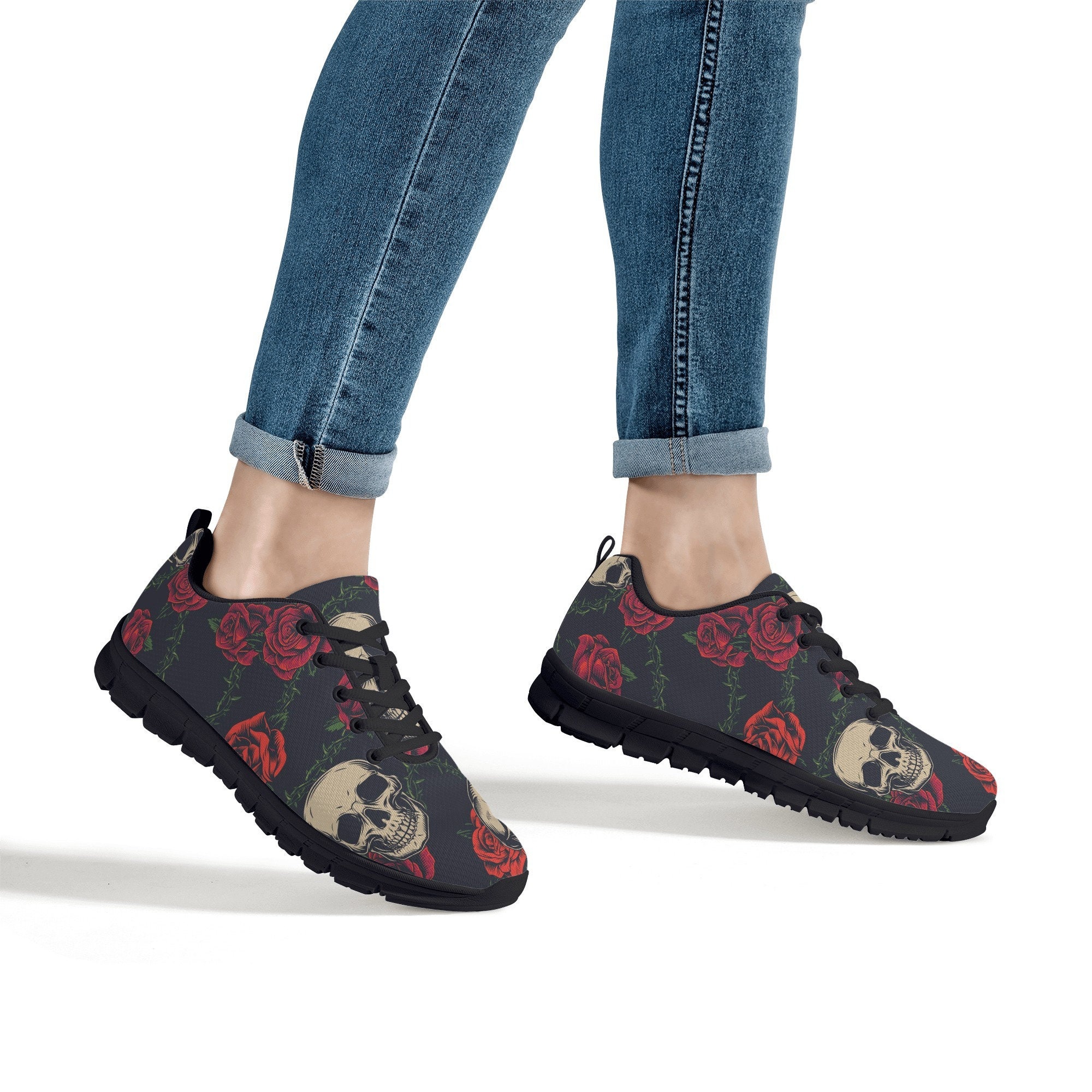 Blue And Red Floral Sugar Skull Women's Sneakers