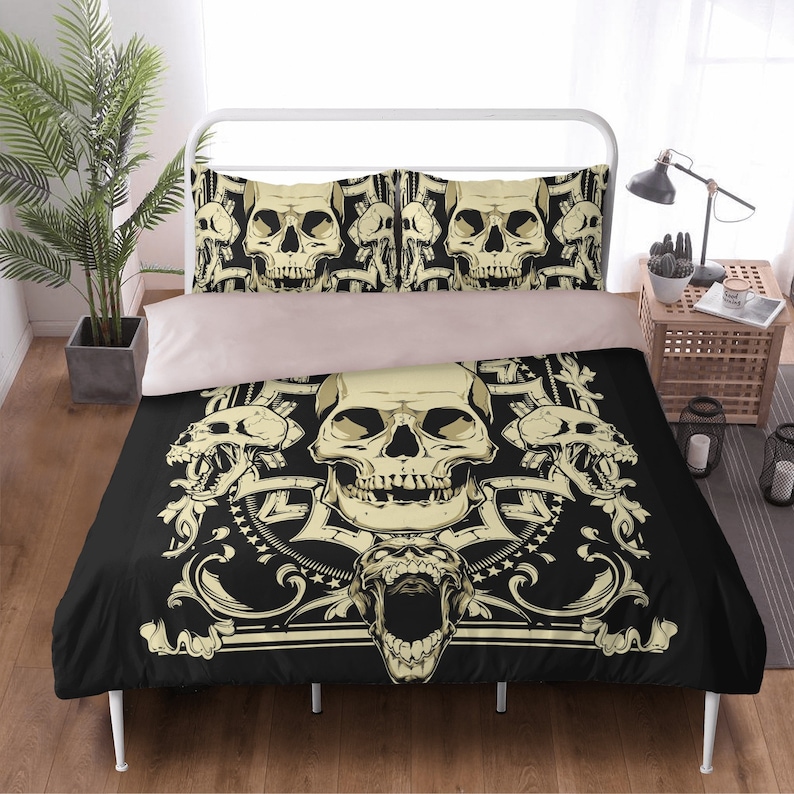 Custom Personalized Gothic Skull Quilt Bedding Set - Romantic Skeleton Couple Gift - Unique Gift For Him, Her, Anniversary main image 1