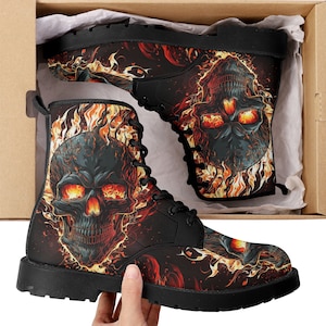 Punisher skull unisex shoes, flaming skull waterproof boot, flower skull men women boots, horror men women boots, gothic skull combat boots,