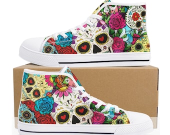 Dia de los muertos skull causual sneakers, calaveras skull high top shoes, floral skull causual shoes, mexico sneakers, mexican skull shoes