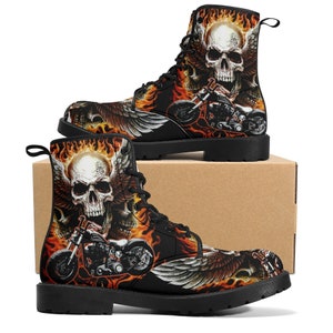 Skull boots Streetwear shoes for biker, Gothic skull women men's boots Goth death skeleton men boots, Halloween punisher skull leather boots image 5