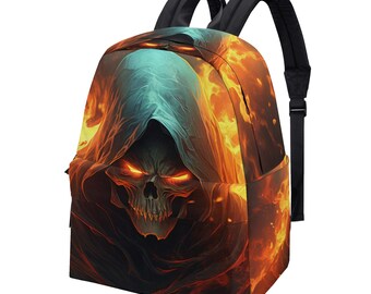 Flaming skull tote bag, devil ghost Travel backpack, skull with scythes student backpack, Spooky Halloween Travel backpack, evil backpack pu