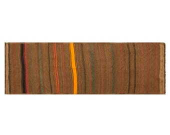1960s Vintage Turkish Kilim Runner Rug – Handwoven Flatweave, 100x300 cm / 3.3x9.8 ft, Neutral Minimalist Stripes, 60+ YO Boho Home Accent