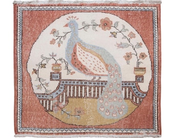Vintage Turkish Prayer Rug, Peacock Motif, 2.8x2.8 ft, 85x86 cm, Handmade Anatolian Wool Rug