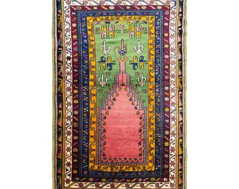Handwoven Turkish Konya Prayer Rug, 4.4x6.9 ft, 135x210 cm, Anatolian Wool Area Rug