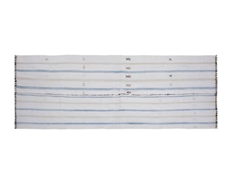 Striped Turkish Kilim Runner Rug, 74x209 cm (2'5" x 6'10"), Handwoven Vintage Flatweave, Minimalist Boho Hallway Carpet for Modern Decor