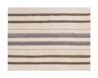 Goat Hair Kilim Rug, 215x230 cm , Turkish Kilim Rug, Minimalist Modern Kilim Rug, Striped Turkish Rug, Minimal Kilim Rug 7 x 7.5 feet