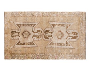 Vintage Handwoven Wool Rug, Distressed Geometric Tribal Area Rug, Neutral Beige Brown