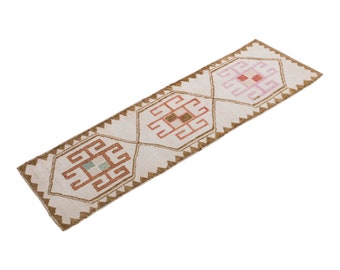 White Herki Runner, Runner Rug, Turkish Rug, Antique Rug, 3.1 x 10.2 feet, Oushak Rug, Vintage Rug, Handmade Rug, Hallway Rug, Kitchen Rug