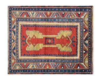 Antique Caucasian Rug, 4.2x4.8 ft, 128x146 cm, Handwoven Wool Rug