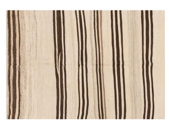 Vintage Turkish Kilim Rug, Handwoven Flatweave, 140x205 cm / 4.6x6.7 ft, 60+ YO Minimalist Neutral Stripes for Boho / Contemporary Interiors