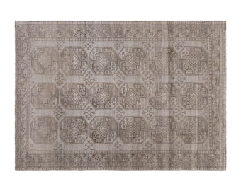 Silent Medallions of Turkmen, Vintage Turkmen Rug, 8.4 x 10 ft Rug, Muted Neutral Handwoven Wool Carpet
