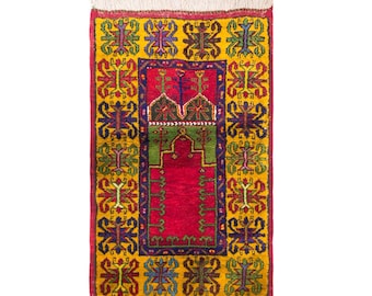 Vintage Turkish Prayer Rug, 2.6x3.9 ft, 80x120 cm, Handmade Anatolian Wool Rug