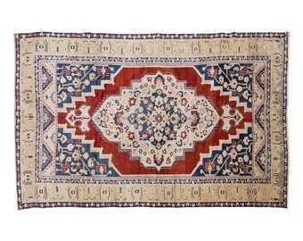 Vintage Wool Rug 6x10.8 ft | Handwoven Turkish Carpet | 1960s Boho Rug | Red Blue Beige | Caucasian Tribal Design | Wool on Wool