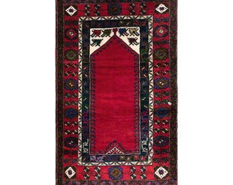 Vintage Konya Prayer Rug, 3.8x6.6 ft, 117x200 cm, Handwoven Turkish Wool Rug