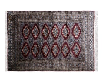 Burgundy Diamonds of Konya, Vintage Turkish Rug, 4.1 x 5.4 ft Rug, Handwoven Cotton Carpet