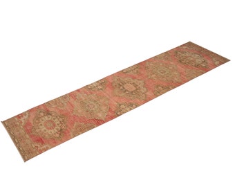 Vintage 2’6” x 12’9” Distressed" Runner Handwoven Geometric Floral Oushak Wool Runner, Size: 76 x 388 cm - FREE SHIPPING
