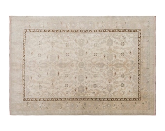 Whispers of Ivory, Vintage Konya Turkish Rug, 7.5 x 9.5 ft Rug, Muted Pastel Handwoven Wool Carpet