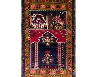 Vintage Konya Prayer Rug, 3.3x6.4 ft, 102x195 cm, 50 Years Old Handwoven Wool Rug