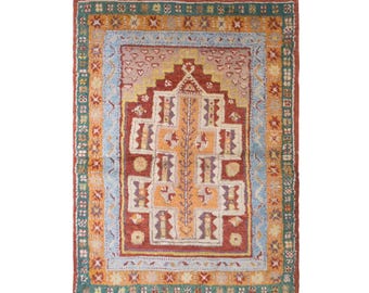Vintage 100 Years Old Turkish Prayer Rug, 2.8x3.8 ft, 85x115 cm, Handmade Anatolian Wool Rug