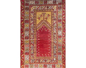 Vintage Konya Prayer Rug, 3.5x5.4 ft, 107x166 cm, Handwoven Turkish Wool Rug