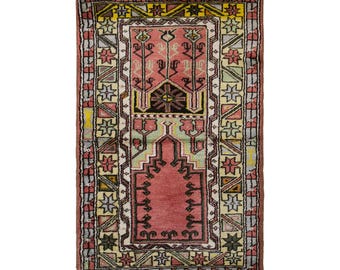 Vintage Turkish Prayer Rug, 2.5x4 ft, 75x121 cm, Handmade Anatolian Wool Rug