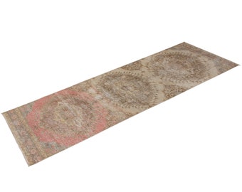 3'3" x 11'10" Vintage" Oushak Runner Rug,Vintage Decorative Turkish Rug,Faded Muted Colors,Low Pile Carpet,Handwoven Kitchen Rug,100x 360 cm