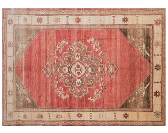 Handwoven Vintage Turkish Rug 241x336 cm | Large Area Rug 8x11 ft | Oushak Antique Rug, Handmade Decorative Wool Rug, Washed & Ready