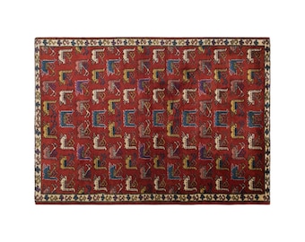 Large Turkish Wool Area Rug 5'2" x 8'2" | Vintage Carpet with Traditional Anatolian Anka Bird Motifs | Natural Dyed Wool Rug for Home Decor