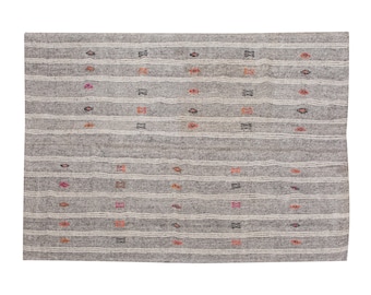 Embroidery Light Rug,Goat Hair Rug,Striped Kilim Rug 7'1 x 9 feet,Stripe Kilim Rug,215x275cm,Cicim Rug, Turkish Light Rug