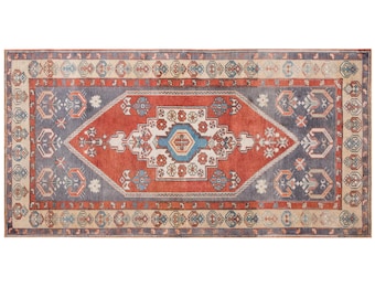 Handmade Vintage Turkish Oushak Rug 104x215 cm | Wool Area Rug 3.4x7 ft | Boho Antique Oriental Decorative Rug, Washed & Ready