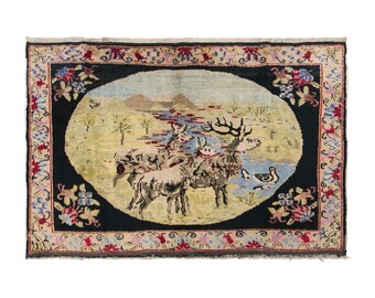Vintage Konya Deer Design Rug, 3.8x5.6 ft, 117x170 cm, Handwoven Turkish Wool Rug