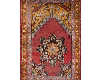 Vintage Turkish Prayer Rug, 3x3.9 ft, 90x120 cm, Handmade Anatolian Wool Rug