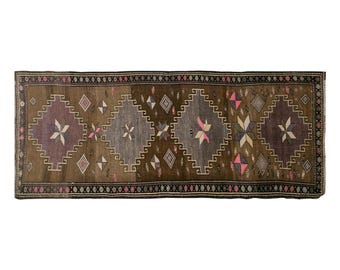 Turkish Rug, Vintage Rug, Area Rug 4 x 12 feet, Kars Rug, Brown Runner Rug, Handmade Rug, Decorative Rug, Kars Runner Rug, 124 x 365 cm Rug